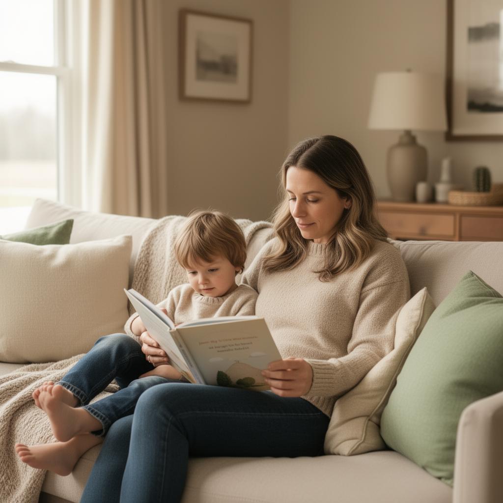 A parent and child reading together on a couch